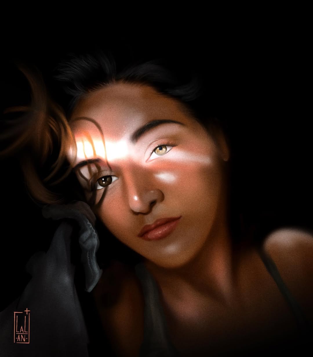 A close-up painting of a woman with a sliver of warm sunlight falling across her brow.