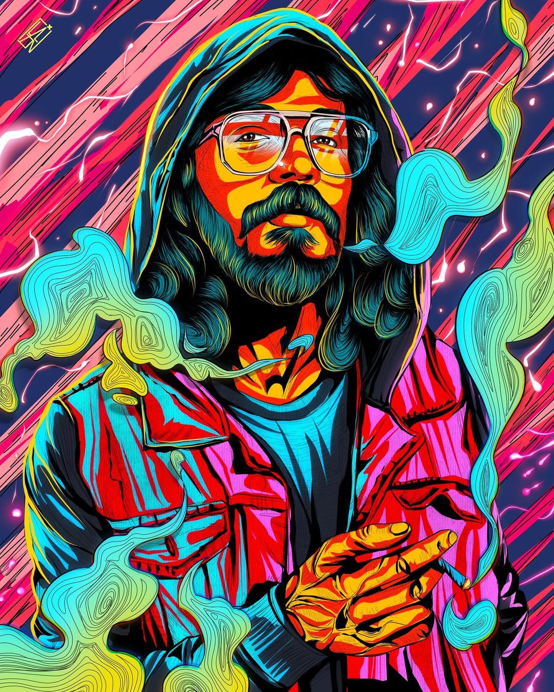 A self portrait in vibrant pop colours — hooded, bearded, smoke curling out of the frame.